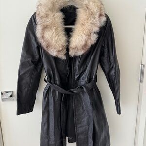 Vintage Leather Coat with Fur Trim